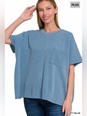 Dusty Blue Plus Size Raised Rib Short Sleeve Front Pocket Top